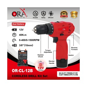 ORA CORDLESS DRILL ( 10MM ) ( 12V ) 1300MH/5C BATTERY ( 40 N.M ) 0.4A CHARGER WITH KIT - OR-CL-12B