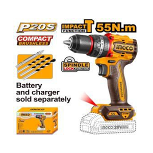 INGCO 20V COMPACT BRUSHLESS CORDLESS IMPACT DRILL 13MM - 55NM - CIDLI205581